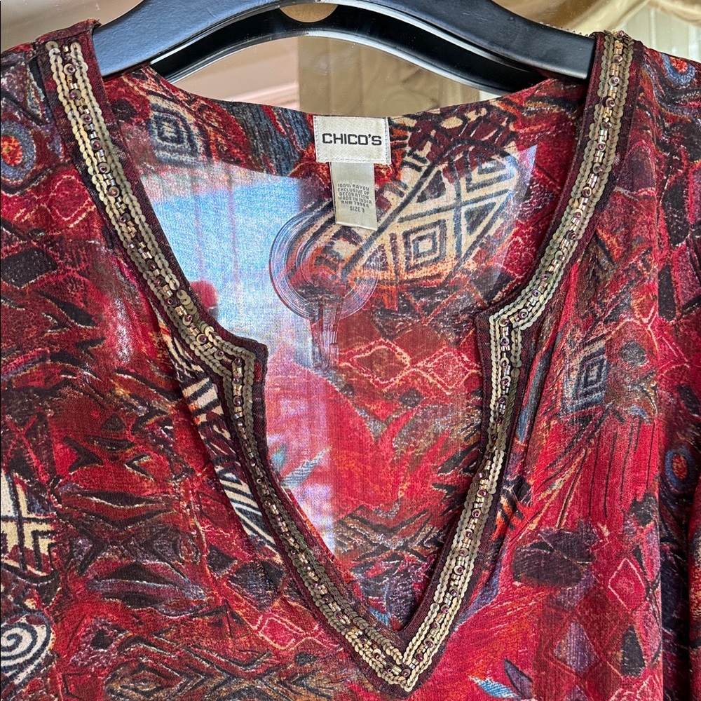 Chico's Red Patterned Blouse - Picture 3 of 7